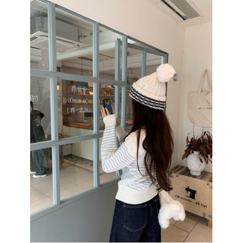 PPHOME甜美蝴蝶結翻領條紋針織衫女秋冬小個子韓系設計感打底上衣