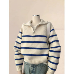 白色條紋浣熊絨半拉鍊polo翻領毛衣女秋冬針織內搭打底衫上衣冬季