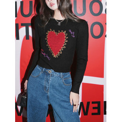 甜酷辣妹愛心刺綉上衣黑色毛衣女套頭圓領秋冬內搭打底針織衫短款