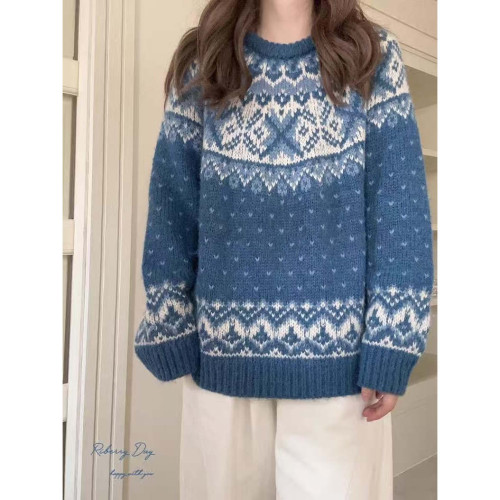 費爾島提花藍色插肩袖毛衣女秋冬季氛圍感穿搭寬松加厚針織衫上衣 費爾島提花藍色插肩袖毛衣女秋冬季氛圍感穿搭寬松加厚針織衫上衣