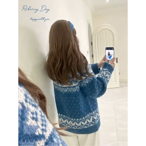 費爾島提花藍色插肩袖毛衣女秋冬季氛圍感穿搭寬松加厚針織衫上衣 費爾島提花藍色插肩袖毛衣女秋冬季氛圍感穿搭寬松加厚針織衫上衣