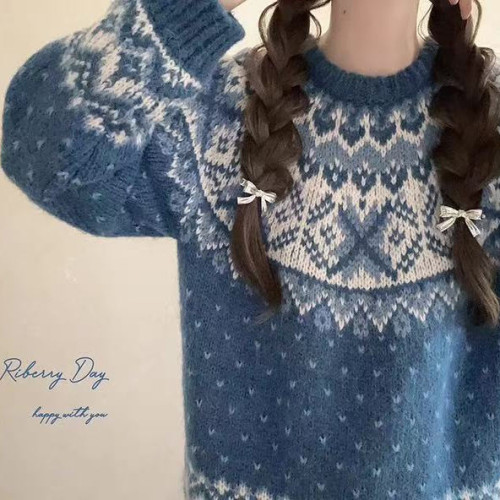 費爾島提花藍色插肩袖毛衣女秋冬季氛圍感穿搭寬松加厚針織衫上衣 費爾島提花藍色插肩袖毛衣女秋冬季氛圍感穿搭寬松加厚針織衫上衣