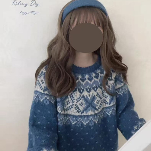 費爾島提花藍色插肩袖毛衣女秋冬季氛圍感穿搭寬松加厚針織衫上衣 費爾島提花藍色插肩袖毛衣女秋冬季氛圍感穿搭寬松加厚針織衫上衣