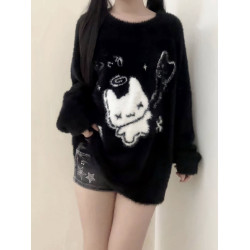 可愛宅萌靈魂兔崽圓領套頭針織衫毛衣女秋冬季新款寬松慵懶感上衣