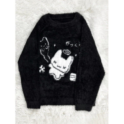 可愛宅萌靈魂兔崽圓領套頭針織衫毛衣女秋冬季新款寬松慵懶感上衣