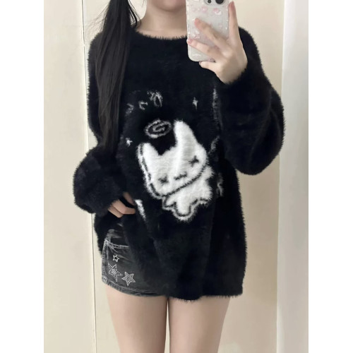 可愛宅萌靈魂兔崽圓領套頭針織衫毛衣女秋冬季新款寬松慵懶感上衣