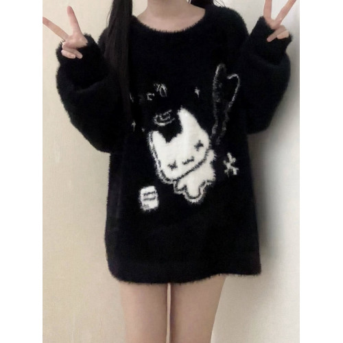 可愛宅萌靈魂兔崽圓領套頭針織衫毛衣女秋冬季新款寬松慵懶感上衣