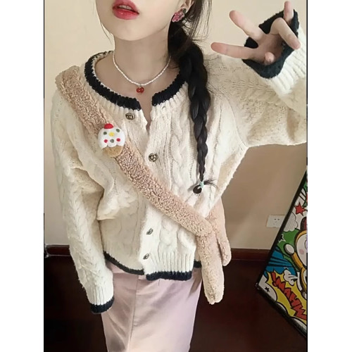 韓系小香風粉色毛衣外套女秋冬軟糯溫柔慵懶風麻花針織開衫短上衣