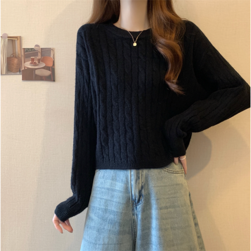 杏色圓領麻花毛衣女秋冬新款顯瘦小個子套頭寬松短款針織內搭上衣