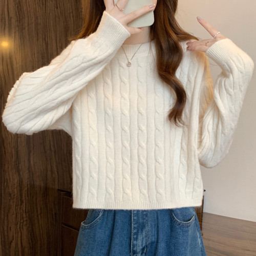 杏色圓領麻花毛衣女秋冬新款顯瘦小個子套頭寬松短款針織內搭上衣