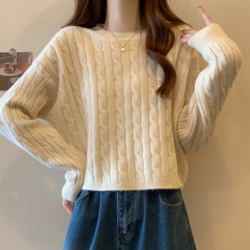 杏色圓領麻花毛衣女秋冬新款顯瘦小個子套頭寬松短款針織內搭上衣