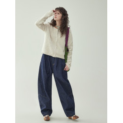 「北島AMUU原創」拼色圓領羊毛針織毛衣女秋冬季外套卷邊開衫上衣