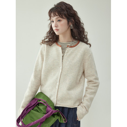 「北島AMUU原創」拼色圓領羊毛針織毛衣女秋冬季外套卷邊開衫上衣 「北島AMUU原創」拼色圓領羊毛針織毛衣女秋冬季外套卷邊開衫上衣