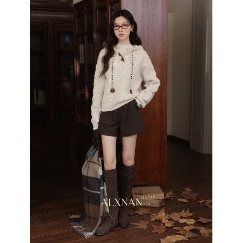 鹿向南「雪頂咖啡」杏色套頭針織毛衣女秋冬慵懶寬松長袖連帽上衣