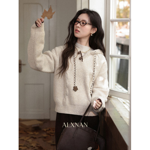 鹿向南「雪頂咖啡」杏色套頭針織毛衣女秋冬慵懶寬松長袖連帽上衣