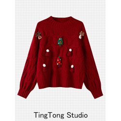 新年紅色毛衣女秋冬短款加厚2023新款聖誕節上衣立體裝飾針織衫