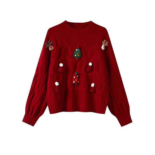 新年紅色毛衣女秋冬短款加厚2023新款聖誕節上衣立體裝飾針織衫