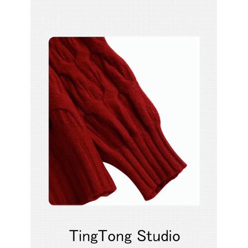 新年紅色毛衣女秋冬短款加厚2023新款聖誕節上衣立體裝飾針織衫