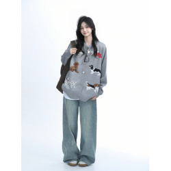 【坐吃山空】美式復古趣味卡通小狗刺綉針織開衫外套女慵懶風毛衣