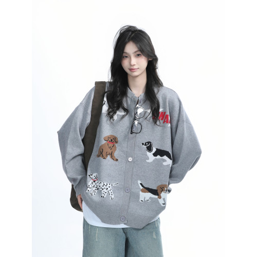 【坐吃山空】美式復古趣味卡通小狗刺綉針織開衫外套女慵懶風毛衣