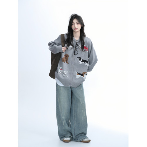 【坐吃山空】美式復古趣味卡通小狗刺綉針織開衫外套女慵懶風毛衣