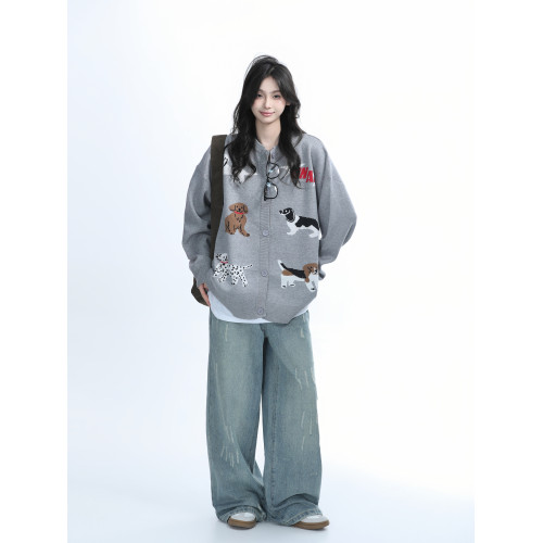 【坐吃山空】美式復古趣味卡通小狗刺綉針織開衫外套女慵懶風毛衣