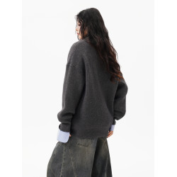 灰色重磅半拉鍊高領毛衣女男秋季寬松慵懶風針織衫高級感休閒外套