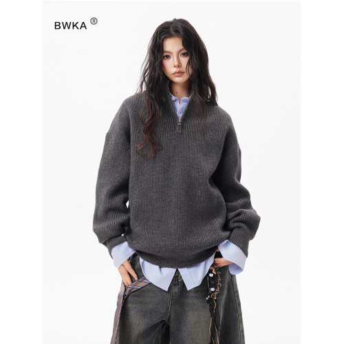 灰色重磅半拉鍊高領毛衣女男秋季寬松慵懶風針織衫高級感休閒外套 灰色重磅半拉鍊高領毛衣女男秋季寬松慵懶風針織衫高級感休閒外套