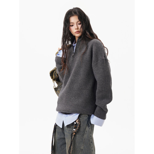 灰色重磅半拉鍊高領毛衣女男秋季寬松慵懶風針織衫高級感休閒外套 灰色重磅半拉鍊高領毛衣女男秋季寬松慵懶風針織衫高級感休閒外套