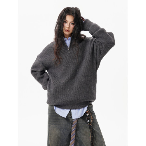 灰色重磅半拉鍊高領毛衣女男秋季寬松慵懶風針織衫高級感休閒外套 灰色重磅半拉鍊高領毛衣女男秋季寬松慵懶風針織衫高級感休閒外套