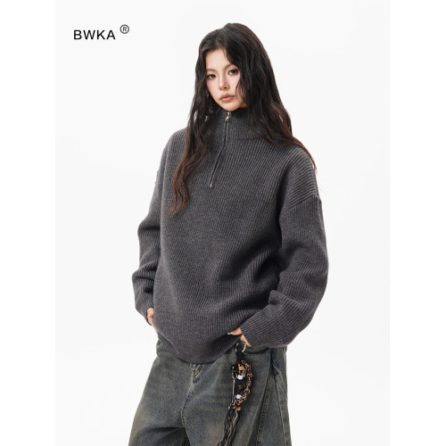 灰色重磅半拉鍊高領毛衣女男秋季寬松慵懶風針織衫高級感休閒外套 灰色重磅半拉鍊高領毛衣女男秋季寬松慵懶風針織衫高級感休閒外套