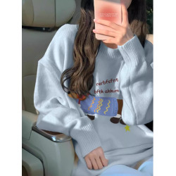 爆款軟糯臘腸狗印花慵懶風藍色秋冬毛衣女韓系寬松小個子針織上衣