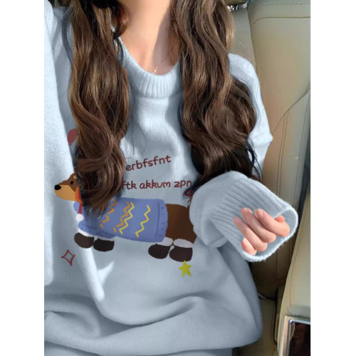 爆款軟糯臘腸狗印花慵懶風藍色秋冬毛衣女韓系寬松小個子針織上衣