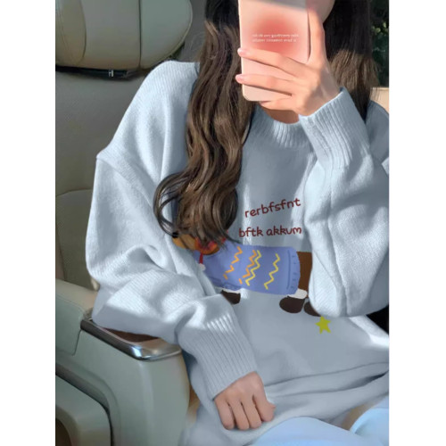 爆款軟糯臘腸狗印花慵懶風藍色秋冬毛衣女韓系寬松小個子針織上衣