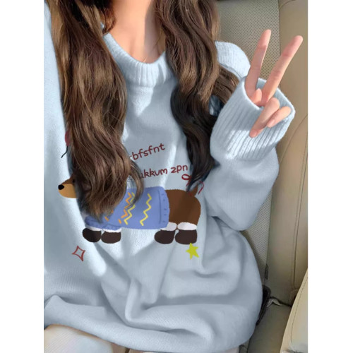 爆款軟糯臘腸狗印花慵懶風藍色秋冬毛衣女韓系寬松小個子針織上衣
