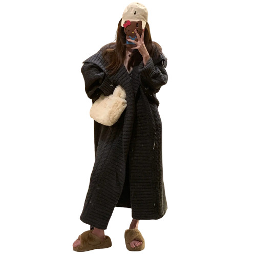 法式慵懶風灰色中長款毛衣外套女秋冬季2025新款寬松外穿針織開衫