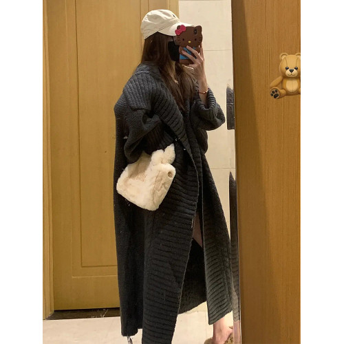法式慵懶風灰色中長款毛衣外套女秋冬季2025新款寬松外穿針織開衫