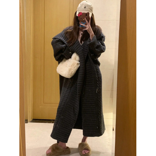 法式慵懶風灰色中長款毛衣外套女秋冬季2025新款寬松外穿針織開衫