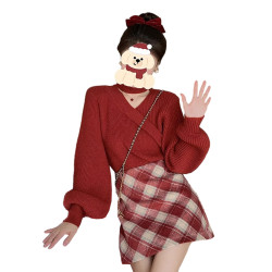 紅色掛脖毛衣女秋冬打底衫慵懶風高級感法式漂亮洋氣新年衣服套裝