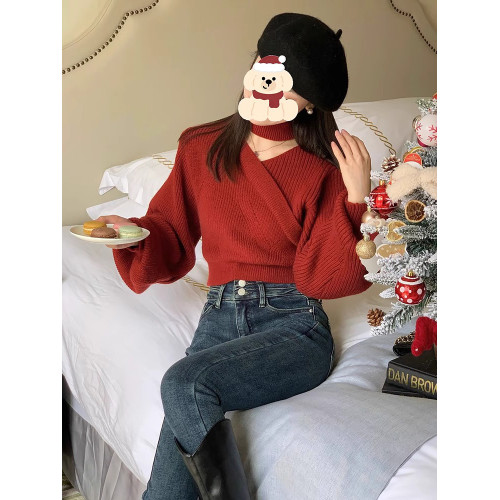 紅色掛脖毛衣女秋冬打底衫慵懶風高級感法式漂亮洋氣新年衣服套裝