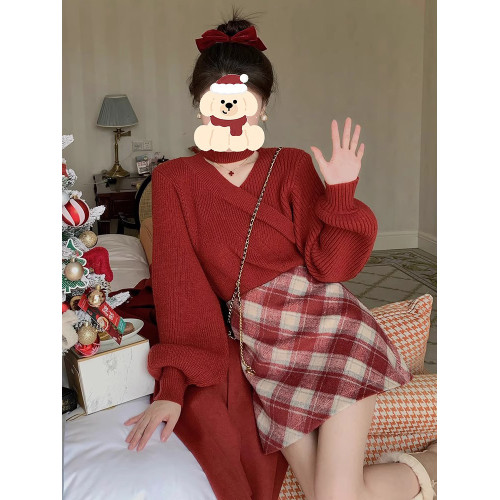 紅色掛脖毛衣女秋冬打底衫慵懶風高級感法式漂亮洋氣新年衣服套裝
