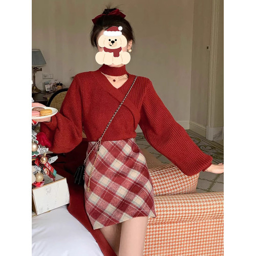 紅色掛脖毛衣女秋冬打底衫慵懶風高級感法式漂亮洋氣新年衣服套裝