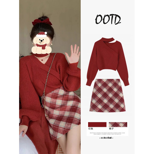 紅色掛脖毛衣女秋冬打底衫慵懶風高級感法式漂亮洋氣新年衣服套裝