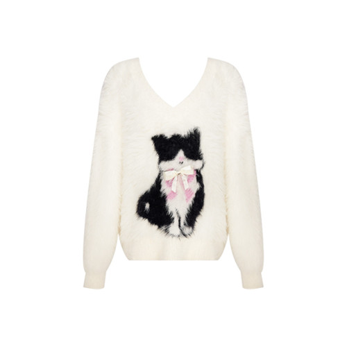 貓咪提花仿水貂毛v領毛衣女秋冬季寬松加厚針織衫軟糯上衣初秋裝
