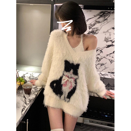 貓咪提花仿水貂毛v領毛衣女秋冬季寬松加厚針織衫軟糯上衣初秋裝