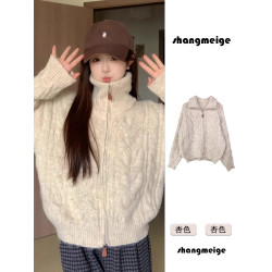 高領麻花拉鍊開衫毛衣女款2025新款春秋季加厚慵懶風立領針織外套