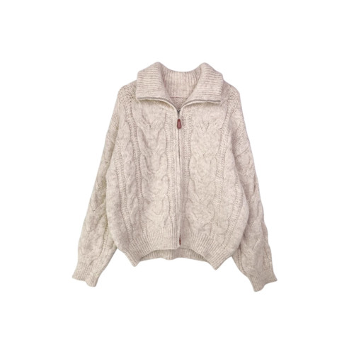 高領麻花拉鍊開衫毛衣女款2025新款春秋季加厚慵懶風立領針織外套 高領麻花拉鍊開衫毛衣女款2025新款春秋季加厚慵懶風立領針織外套