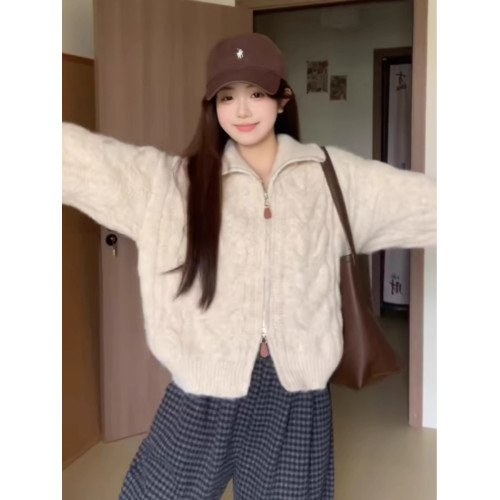 高領麻花拉鍊開衫毛衣女款2025新款春秋季加厚慵懶風立領針織外套 高領麻花拉鍊開衫毛衣女款2025新款春秋季加厚慵懶風立領針織外套