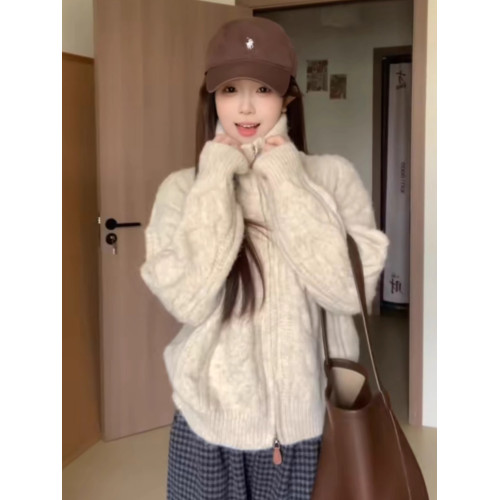高領麻花拉鍊開衫毛衣女款2025新款春秋季加厚慵懶風立領針織外套 高領麻花拉鍊開衫毛衣女款2025新款春秋季加厚慵懶風立領針織外套