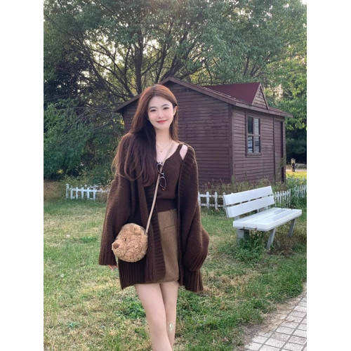 復古美拉德套裝慵懶風軟糯毛衣開衫女秋冬2025新款針織背心兩件套